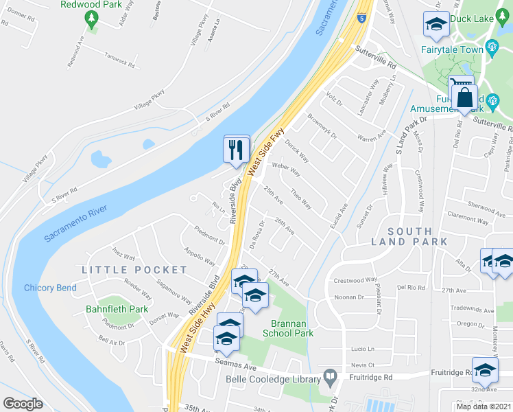 map of restaurants, bars, coffee shops, grocery stores, and more near 4601 Riverside Boulevard in Sacramento