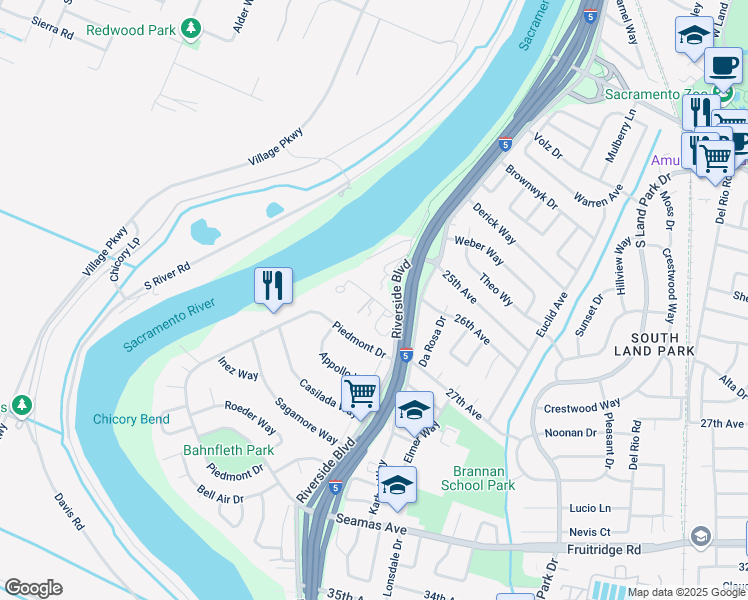 map of restaurants, bars, coffee shops, grocery stores, and more near 1040 Rio Lane in Sacramento