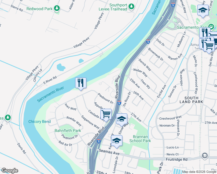 map of restaurants, bars, coffee shops, grocery stores, and more near 1040 Rio Lane in Sacramento