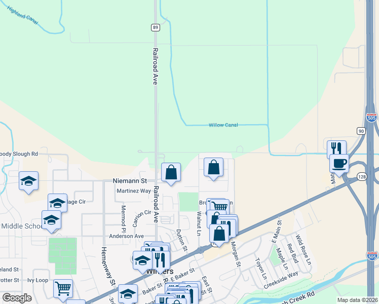 map of restaurants, bars, coffee shops, grocery stores, and more near in Winters