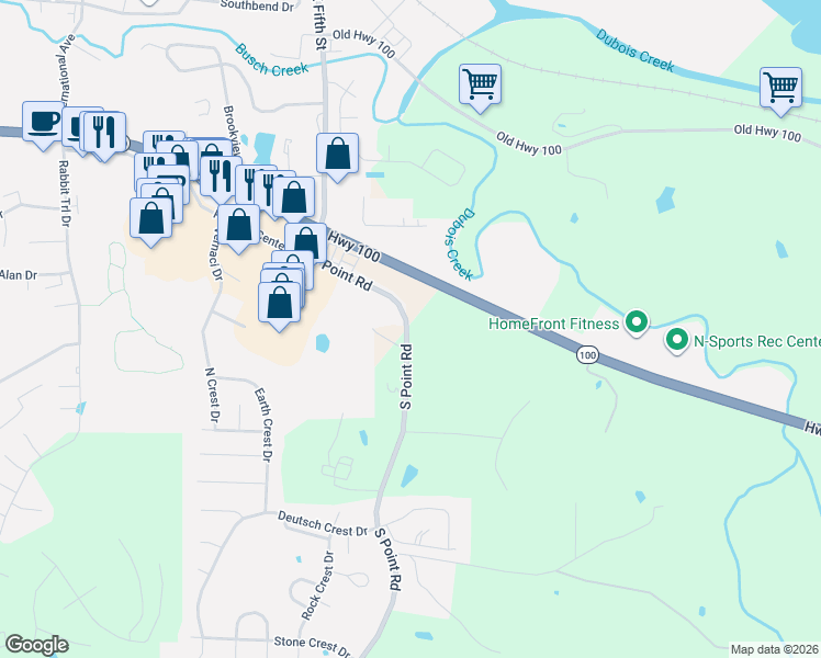 map of restaurants, bars, coffee shops, grocery stores, and more near 4838 South Point Road in Washington