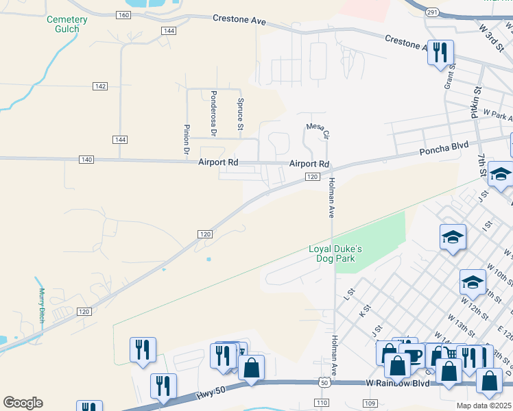 map of restaurants, bars, coffee shops, grocery stores, and more near 7580 County Road 120 in Salida