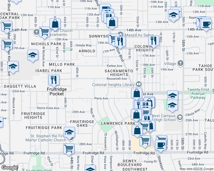 map of restaurants, bars, coffee shops, grocery stores, and more near 4732 Roosevelt Avenue in Sacramento