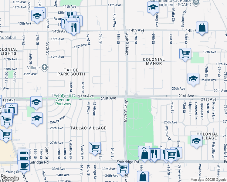 map of restaurants, bars, coffee shops, grocery stores, and more near 4532 65th Street in Sacramento