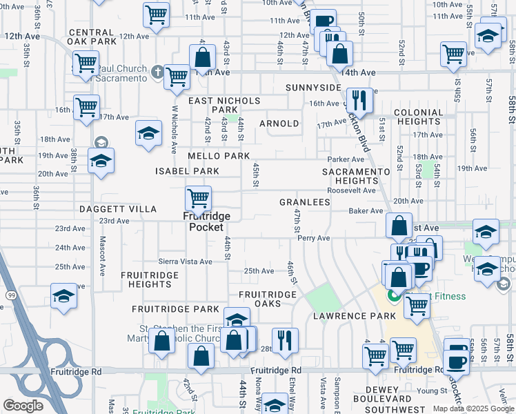 map of restaurants, bars, coffee shops, grocery stores, and more near 4625 44th Street in Sacramento