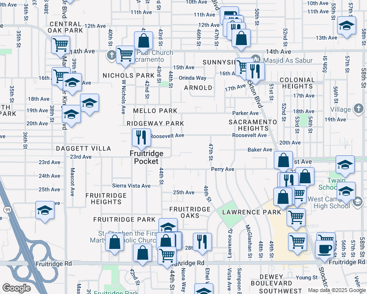 map of restaurants, bars, coffee shops, grocery stores, and more near 4625 44th Street in Sacramento