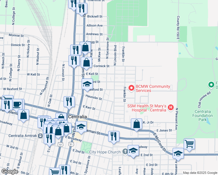 map of restaurants, bars, coffee shops, grocery stores, and more near 707-799 Howard Street in Centralia