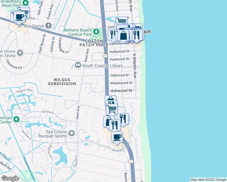 map of restaurants, bars, coffee shops, grocery stores, and more near 215 Ashwood Street in Bethany Beach