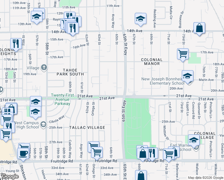 map of restaurants, bars, coffee shops, grocery stores, and more near 4532 65th Street in Sacramento