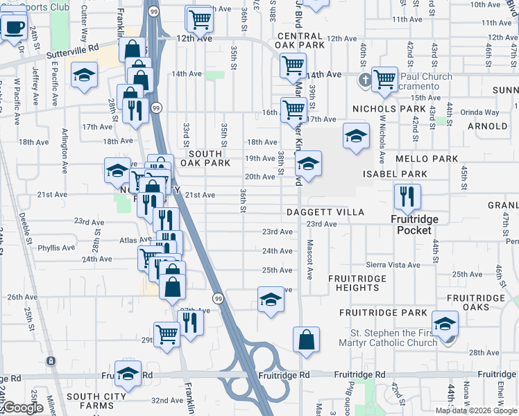 map of restaurants, bars, coffee shops, grocery stores, and more near 3704 21st Avenue in Sacramento