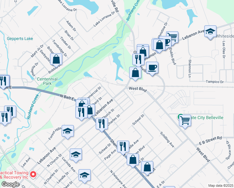 map of restaurants, bars, coffee shops, grocery stores, and more near 1006 Cart Road in Belleville