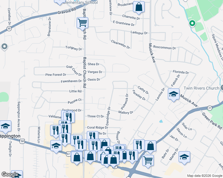map of restaurants, bars, coffee shops, grocery stores, and more near 10110 Dandridge Drive in St. Louis