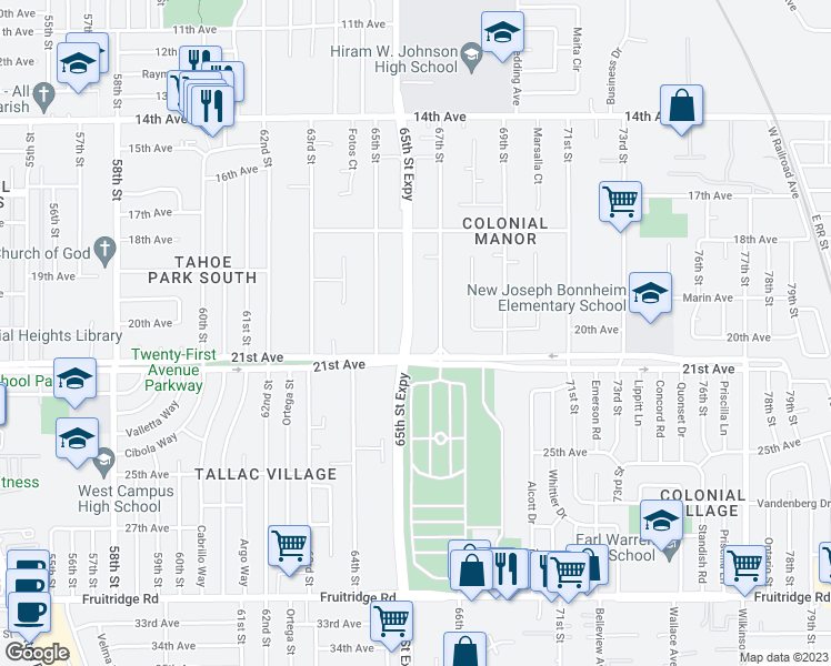 map of restaurants, bars, coffee shops, grocery stores, and more near 4748 67th Street in Sacramento