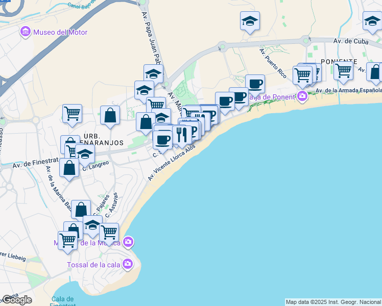 map of restaurants, bars, coffee shops, grocery stores, and more near 14 Avenida Vicente Llorca Alós in Benidorm