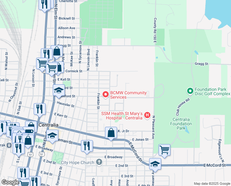map of restaurants, bars, coffee shops, grocery stores, and more near 1000-1010 Maulding Drive in Centralia