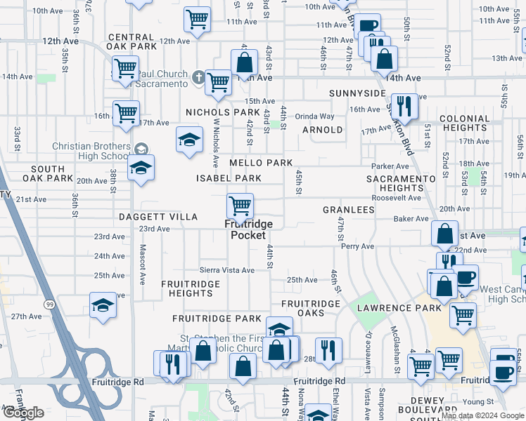 map of restaurants, bars, coffee shops, grocery stores, and more near 4217 22nd Avenue in Sacramento