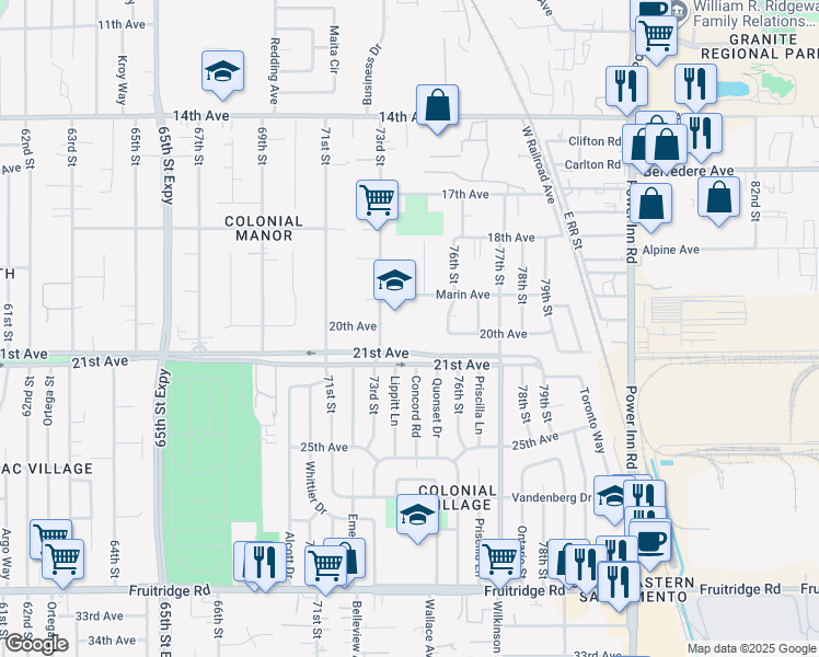 map of restaurants, bars, coffee shops, grocery stores, and more near 7300 Marin Avenue in Sacramento