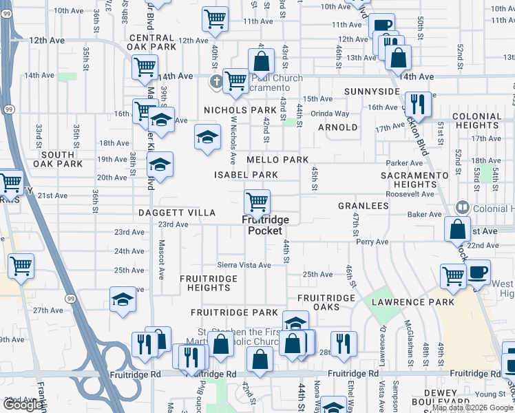 map of restaurants, bars, coffee shops, grocery stores, and more near 4524 42nd Street in Sacramento