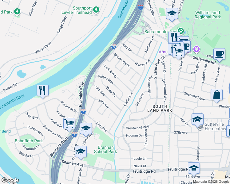 map of restaurants, bars, coffee shops, grocery stores, and more near 1156 Weber Way in Sacramento
