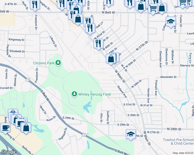 map of restaurants, bars, coffee shops, grocery stores, and more near 110 South 37th Street in Belleville