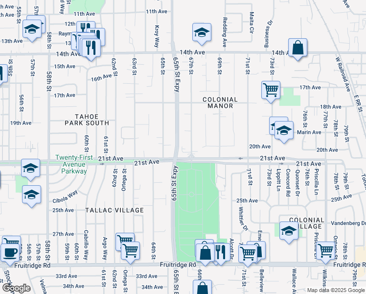 map of restaurants, bars, coffee shops, grocery stores, and more near 4744 67th Street in Sacramento