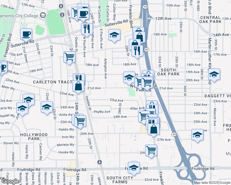 map of restaurants, bars, coffee shops, grocery stores, and more near 2930 21st Avenue in Sacramento