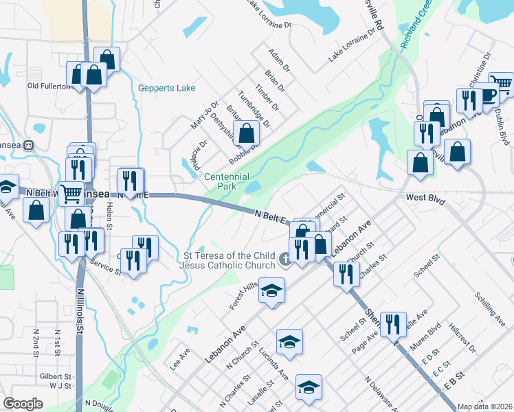 map of restaurants, bars, coffee shops, grocery stores, and more near 316 North Belt East in Belleville