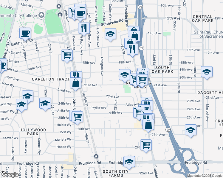 map of restaurants, bars, coffee shops, grocery stores, and more near 2731 21st Avenue in Sacramento