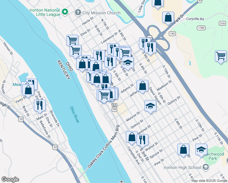 map of restaurants, bars, coffee shops, grocery stores, and more near 321 Washington Street in Ironton
