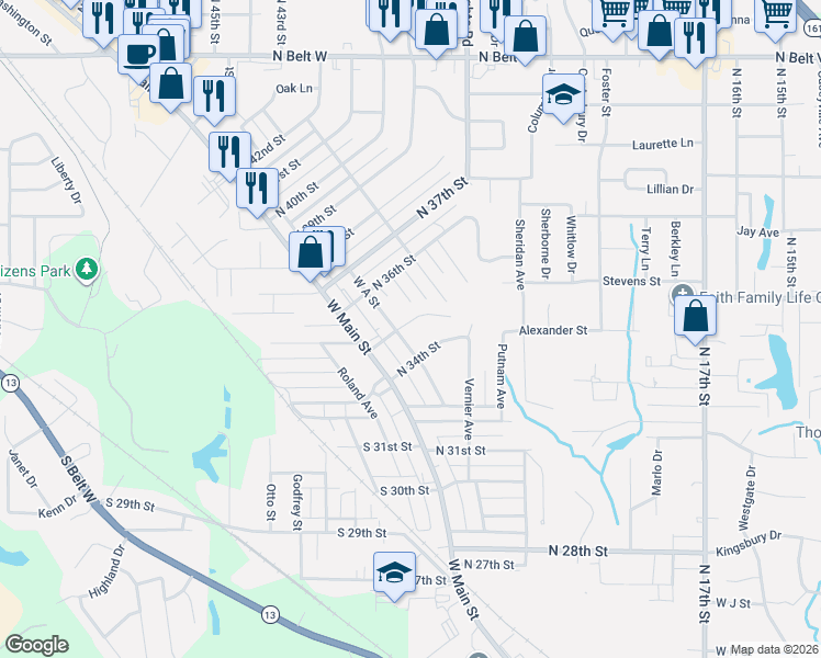 map of restaurants, bars, coffee shops, grocery stores, and more near 113 North 35th Street in Belleville