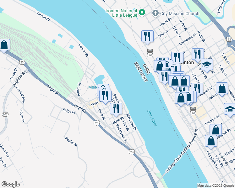 map of restaurants, bars, coffee shops, grocery stores, and more near Division Street in Russell