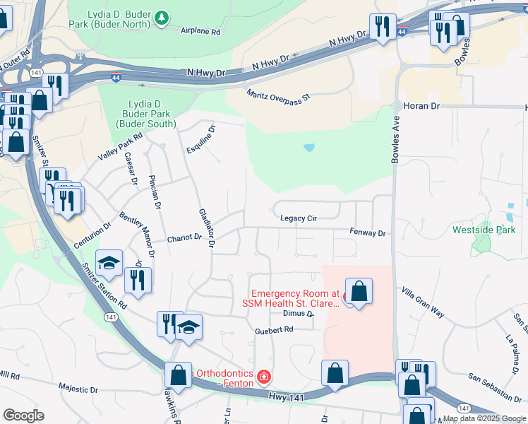 map of restaurants, bars, coffee shops, grocery stores, and more near 1495 Legacy Circle in Fenton