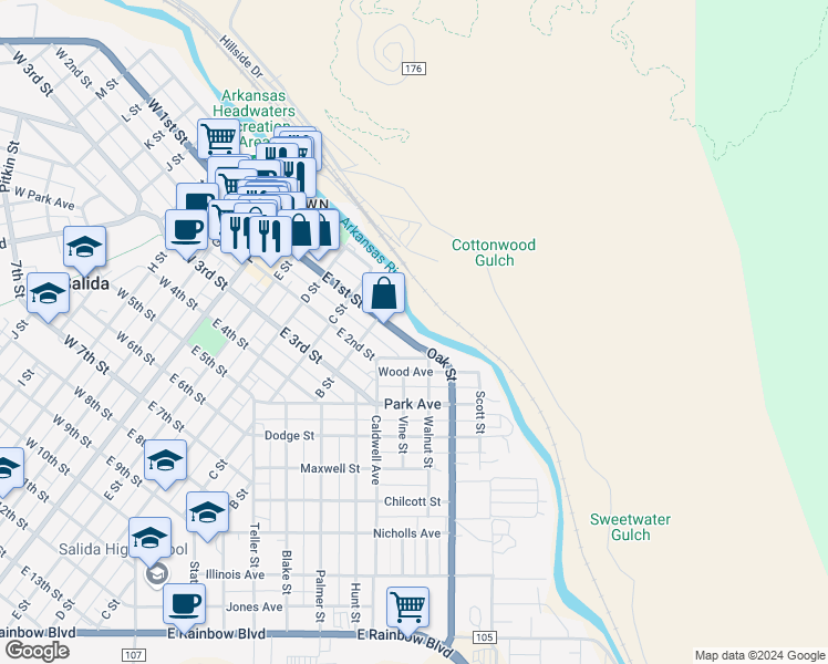 map of restaurants, bars, coffee shops, grocery stores, and more near 536 East 1st Street in Salida