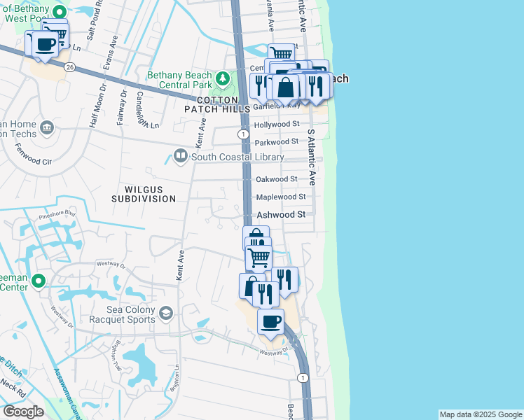 map of restaurants, bars, coffee shops, grocery stores, and more near 215 Ashwood Street in Bethany Beach