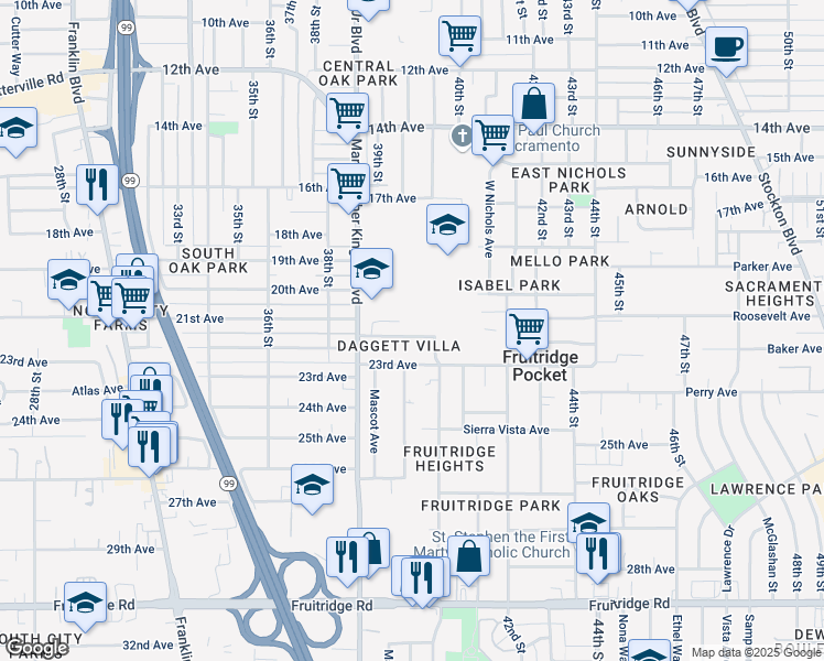 map of restaurants, bars, coffee shops, grocery stores, and more near 4005 22nd Avenue in Sacramento