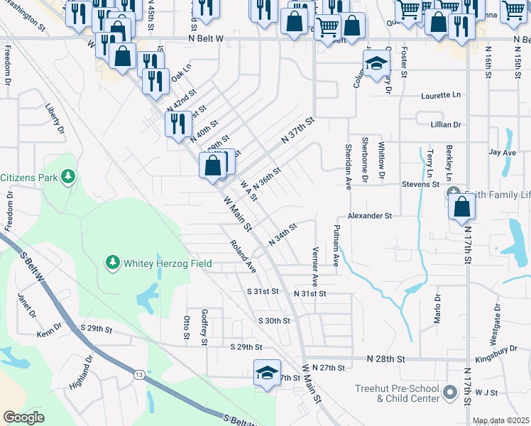 map of restaurants, bars, coffee shops, grocery stores, and more near 113 North 35th Street in Belleville