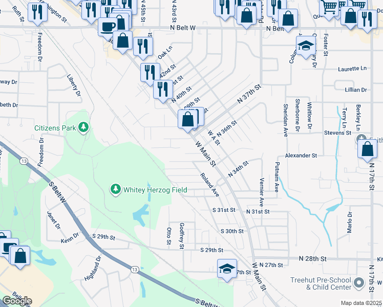 map of restaurants, bars, coffee shops, grocery stores, and more near in Belleville