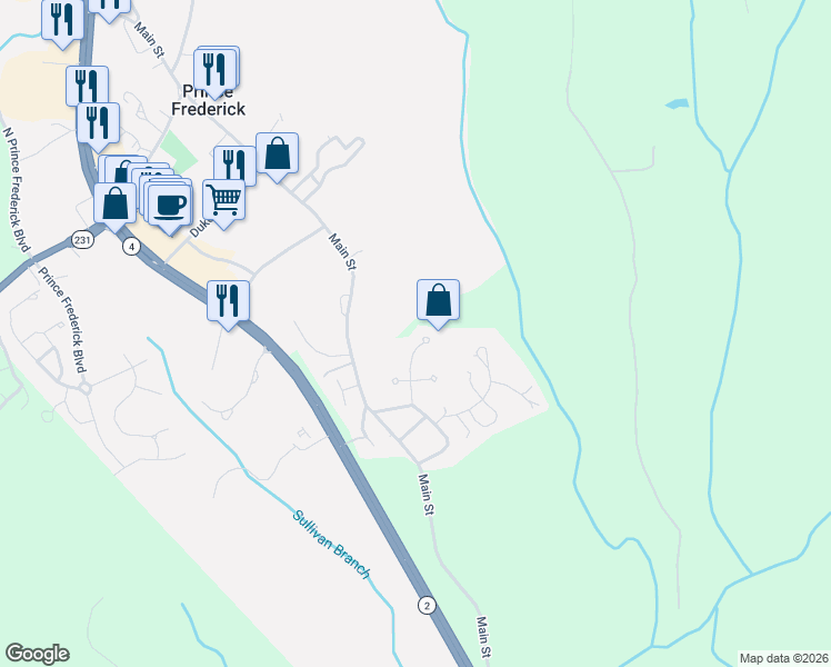 map of restaurants, bars, coffee shops, grocery stores, and more near 817 Calvert Towne Drive in Prince Frederick