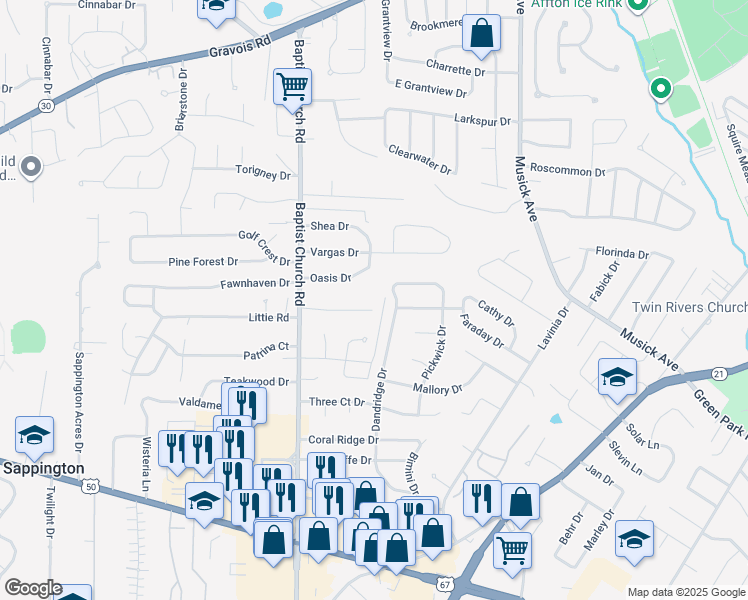 map of restaurants, bars, coffee shops, grocery stores, and more near 10907 Mugan Drive in St. Louis