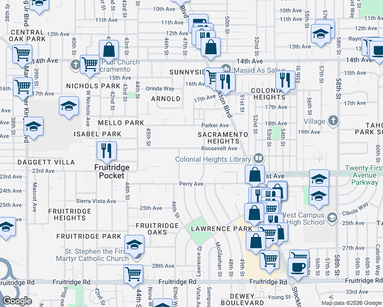 map of restaurants, bars, coffee shops, grocery stores, and more near 4732 Roosevelt Avenue in Sacramento