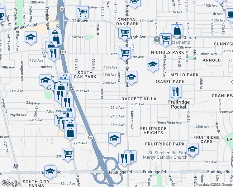 map of restaurants, bars, coffee shops, grocery stores, and more near 3804 21st Avenue in Sacramento