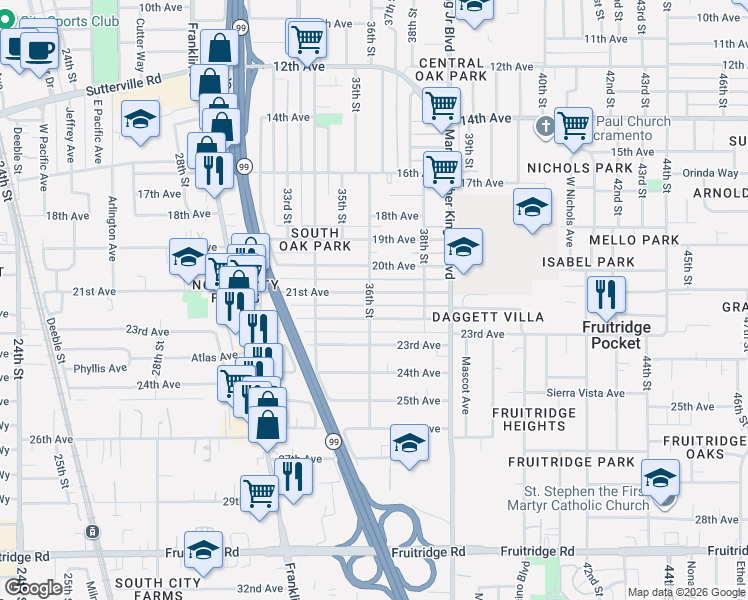 map of restaurants, bars, coffee shops, grocery stores, and more near 3544 21st Avenue in Sacramento