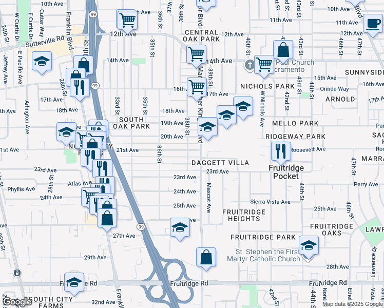 map of restaurants, bars, coffee shops, grocery stores, and more near 3804 21st Avenue in Sacramento