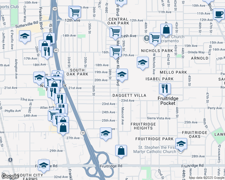 map of restaurants, bars, coffee shops, grocery stores, and more near 3804 21st Avenue in Sacramento