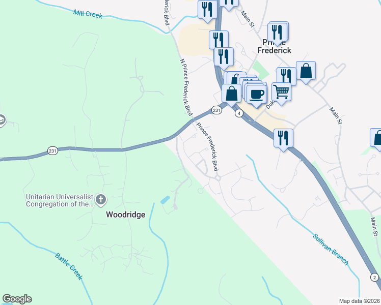 map of restaurants, bars, coffee shops, grocery stores, and more near 111 Clydesdale Lane in Prince Frederick