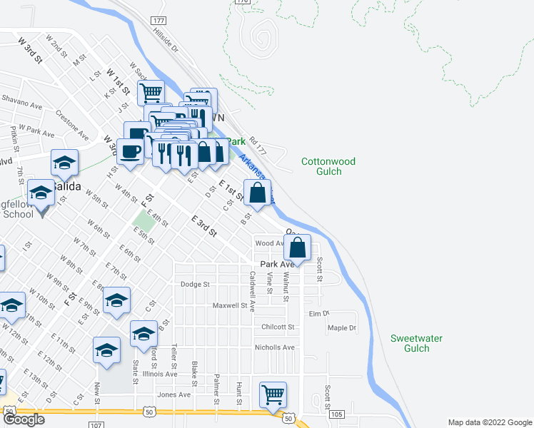 map of restaurants, bars, coffee shops, grocery stores, and more near 536 East 1st Street in Salida
