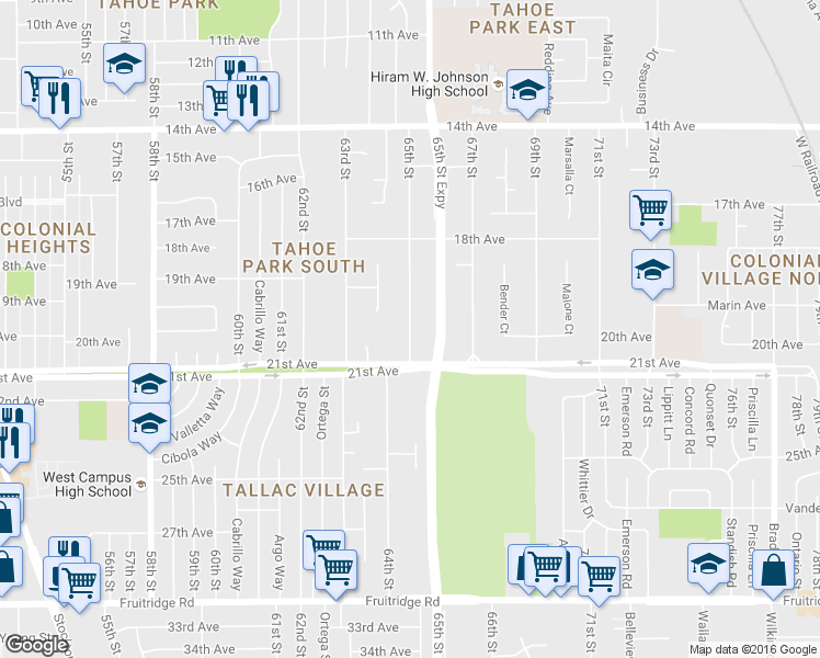map of restaurants, bars, coffee shops, grocery stores, and more near 4601 65th Street in Sacramento