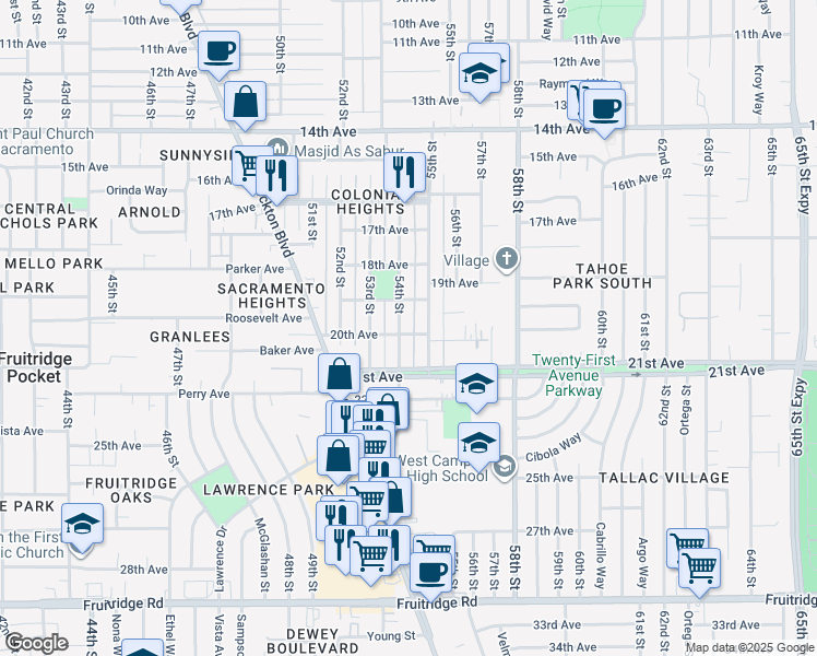 map of restaurants, bars, coffee shops, grocery stores, and more near 4445 54th Street in Sacramento