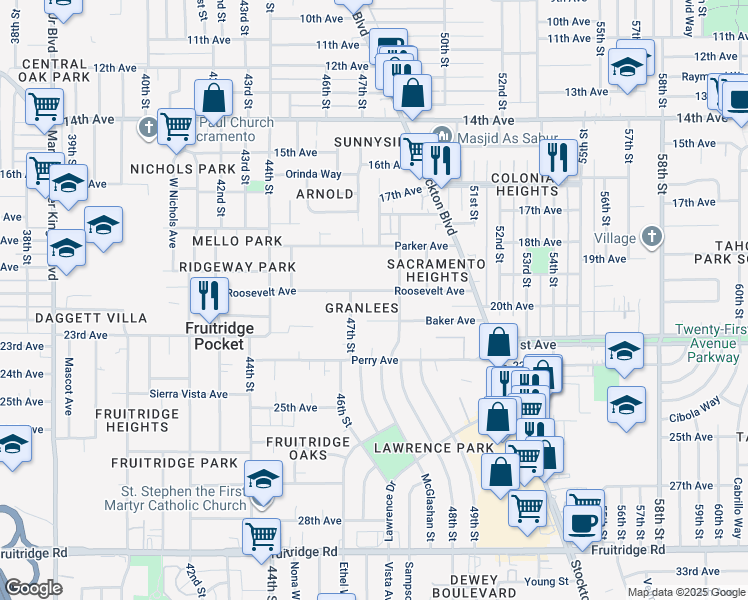 map of restaurants, bars, coffee shops, grocery stores, and more near 4732 Roosevelt Avenue in Sacramento