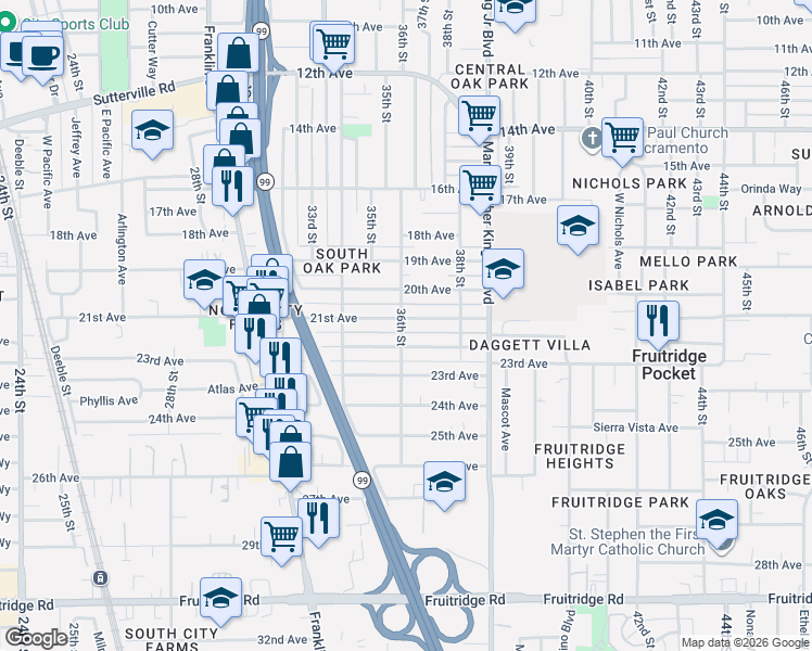 map of restaurants, bars, coffee shops, grocery stores, and more near 3544 21st Avenue in Sacramento